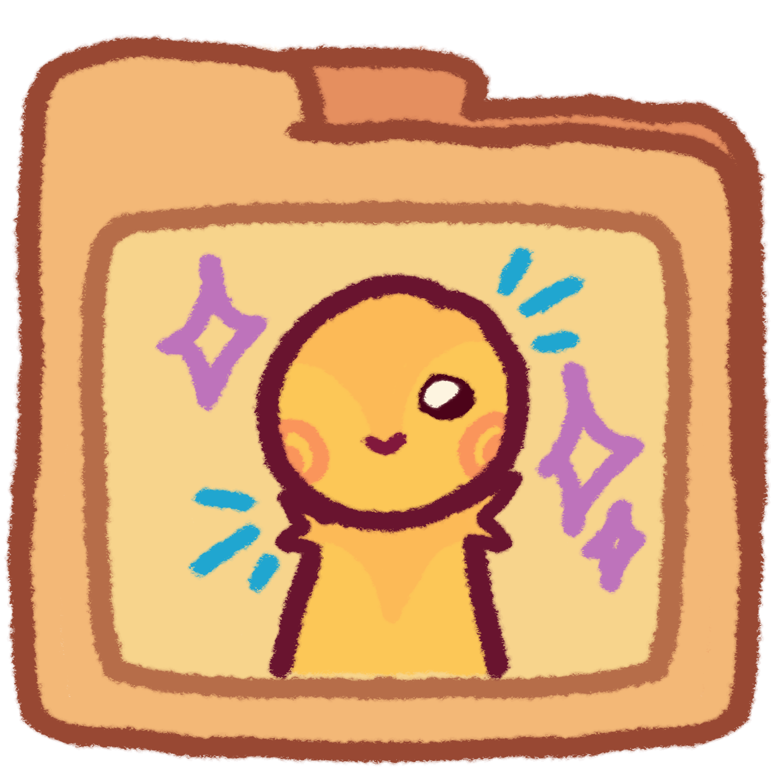 on top of an orange folder with rounded corners is a yellow figure  with blue emphasis lines and pink sparkles around it.